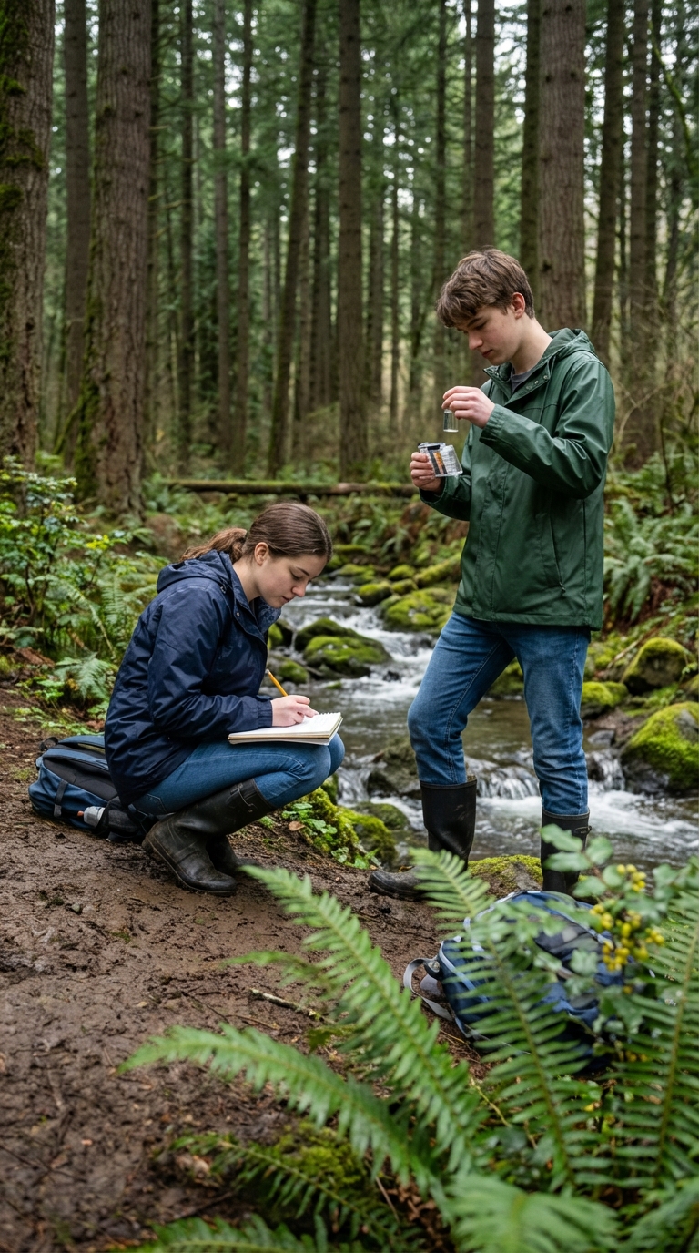 Students performing water quality testing during science fieldwork at a local stream
