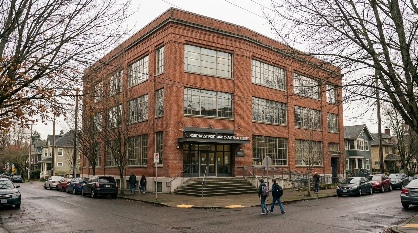 Meridian Charter School building exterior with mountain views