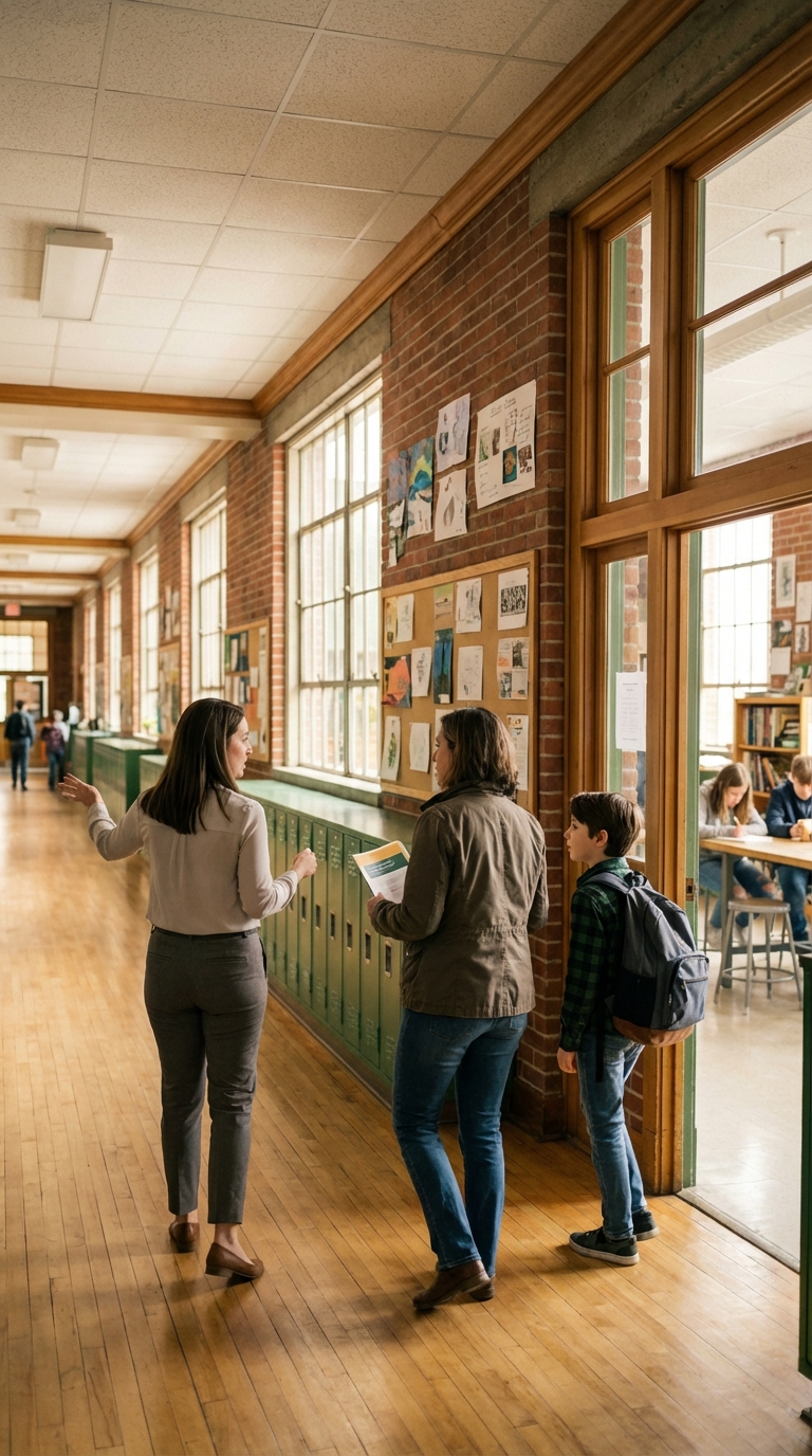 School staff guiding prospective families on campus tour during enrollment season