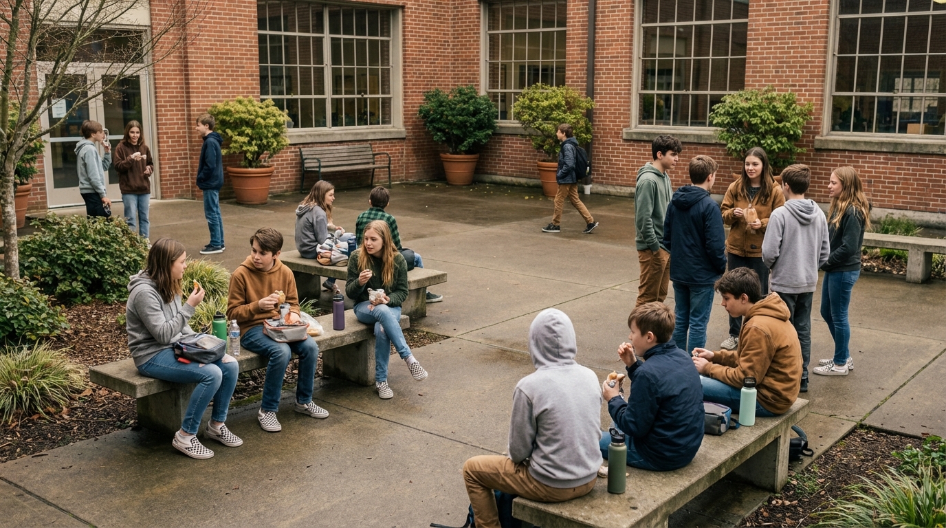 Students socializing during lunch time in the school courtyard